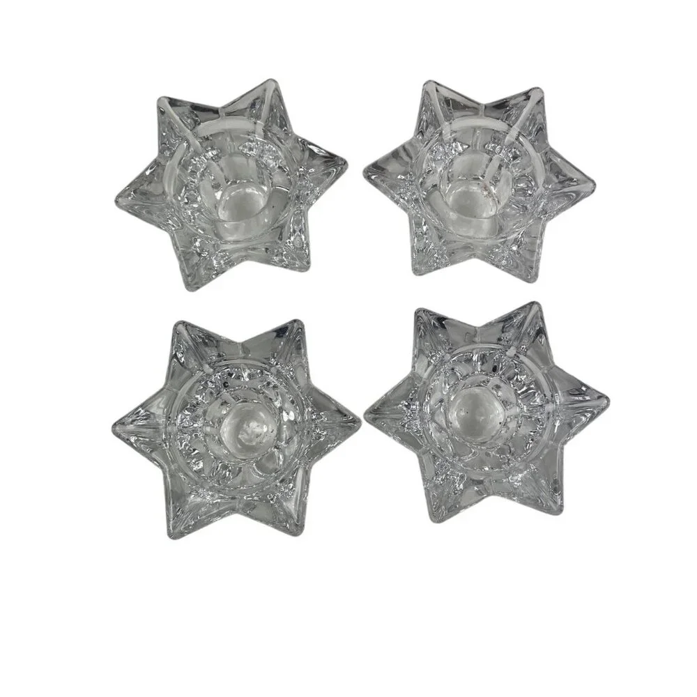 Set Of 4 Star-Shaped Clear Glass Candle Holders Taper & Tealight/Votive Candles